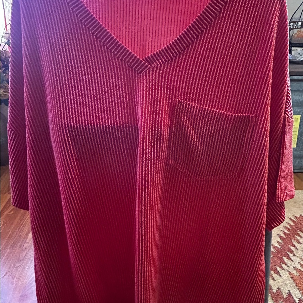 SHEIN Red V-Neck Oversized Short Sleeve Tee